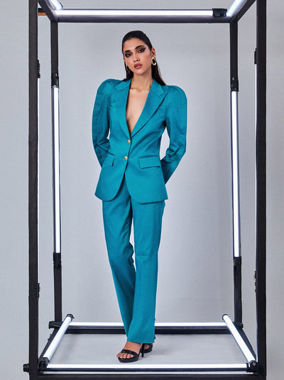 Aqua Blue Blazer with Pleated Sleeves Pant Suit - PROTPant Suits