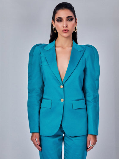 Aqua Blue Blazer with Pleated Sleeves Pant Suit - PROTPant Suits