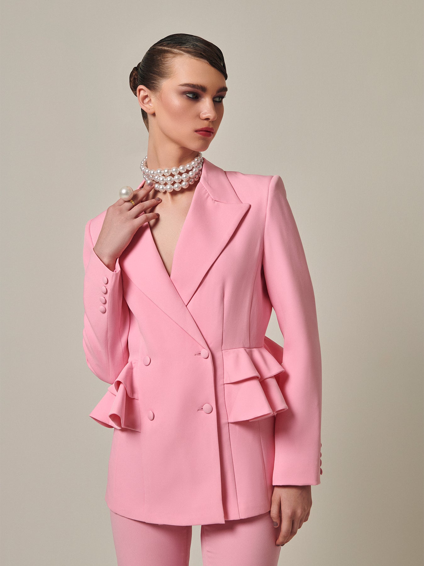 Baby Pink Double Breasted Blazer In Ruffle Designs