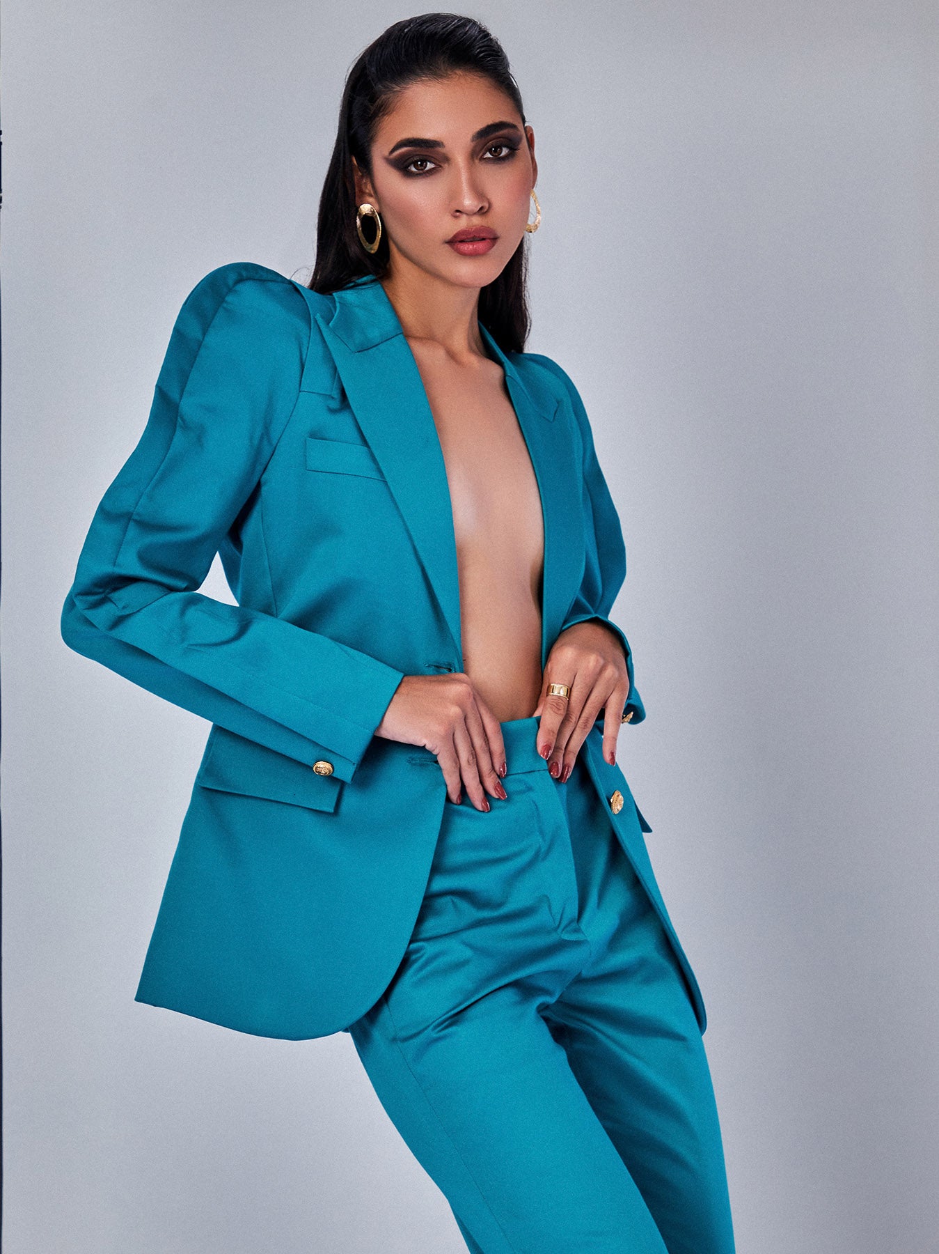 Aqua Blue Blazer with Pleated Sleeves Pant Suit - PROTPant Suits