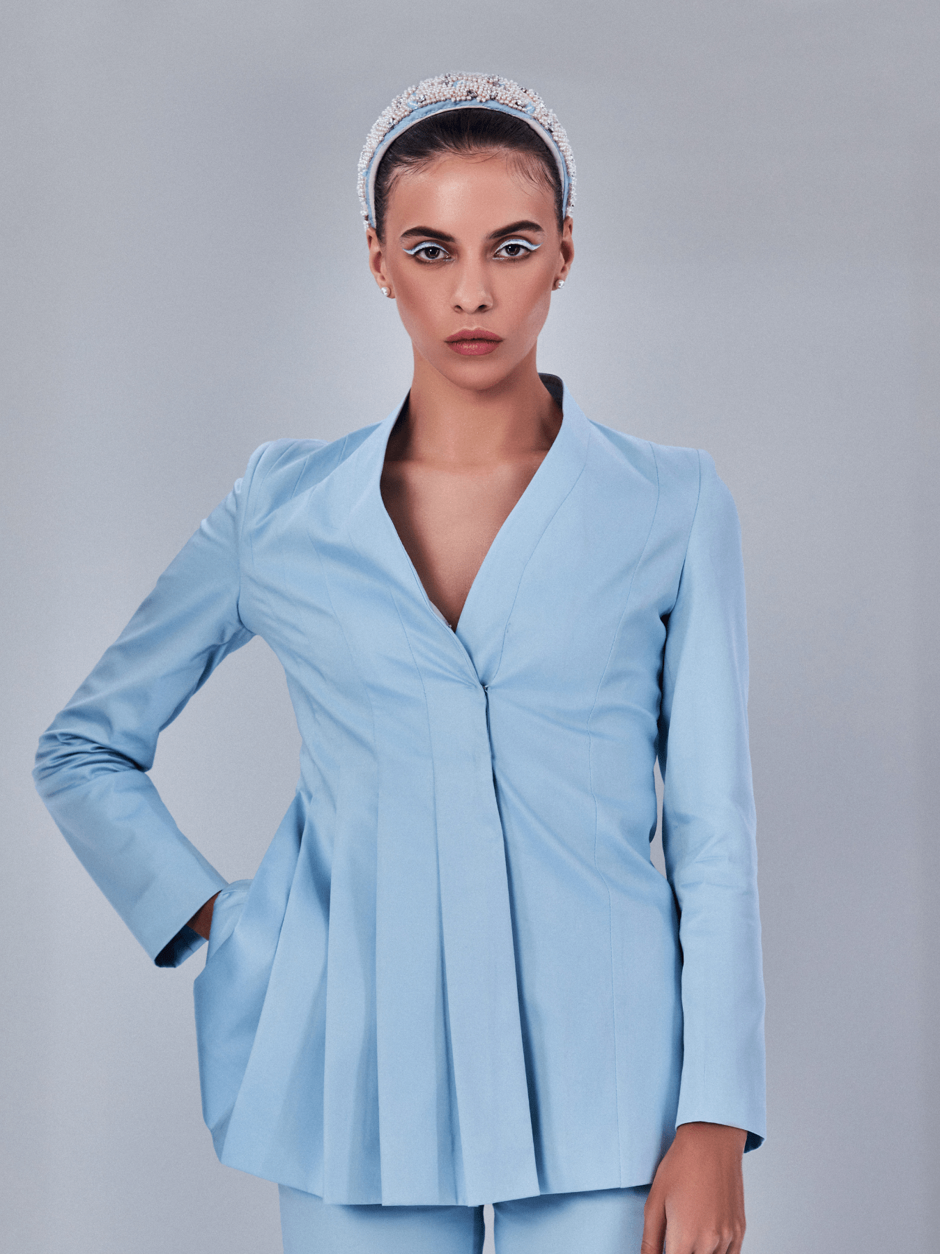 Pleated Peplum Blazer in Blue - PROTBlazer