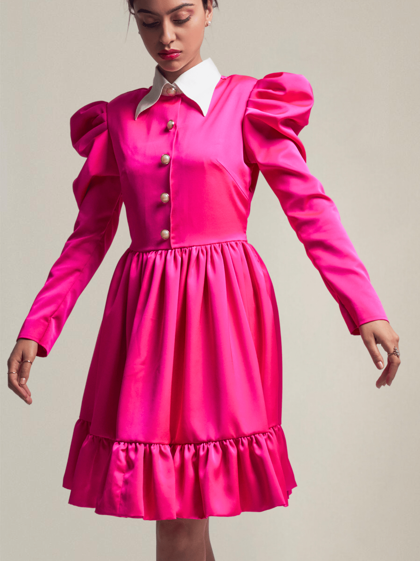 Pink Satin Tier Dress with contrast collar - PROTDresses