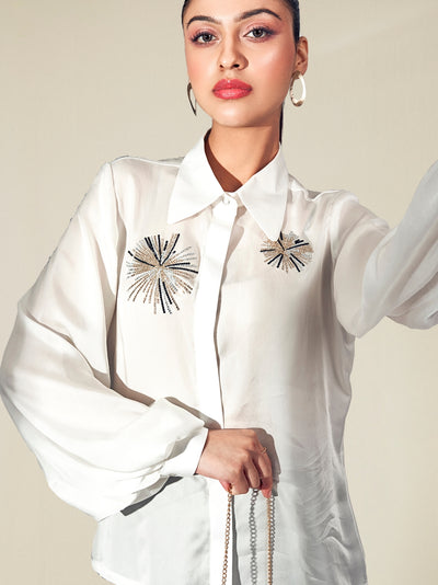 White Embellished Shirt With Rhinestone