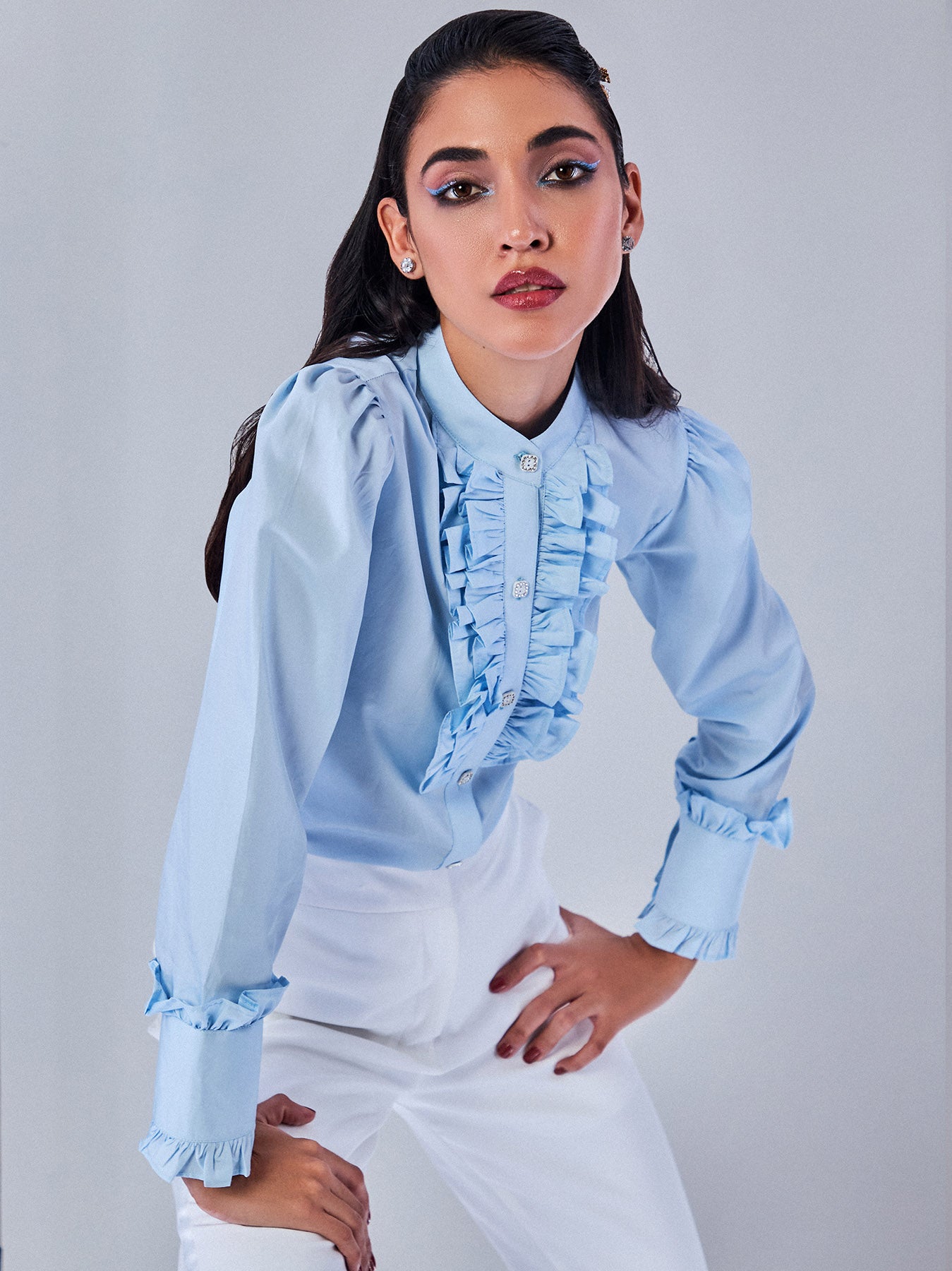 Sky Blue Shirt With Ruffle Detailing