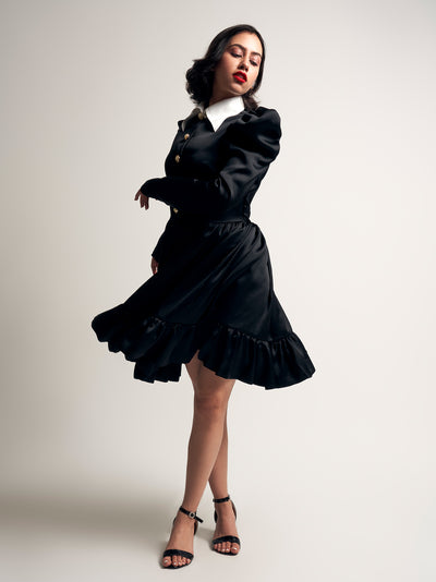 Black Satin Tier Dress with contrast collar - PROTDresses