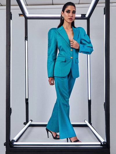 Aqua Blue Blazer with Pleated Sleeves Pant Suit - PROTPant Suits
