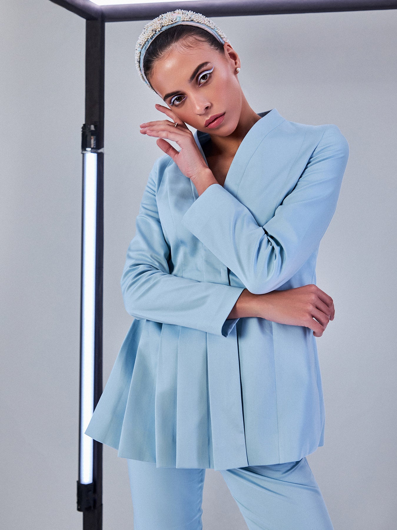 Blue Designer Peplum Blazer Suit Pant