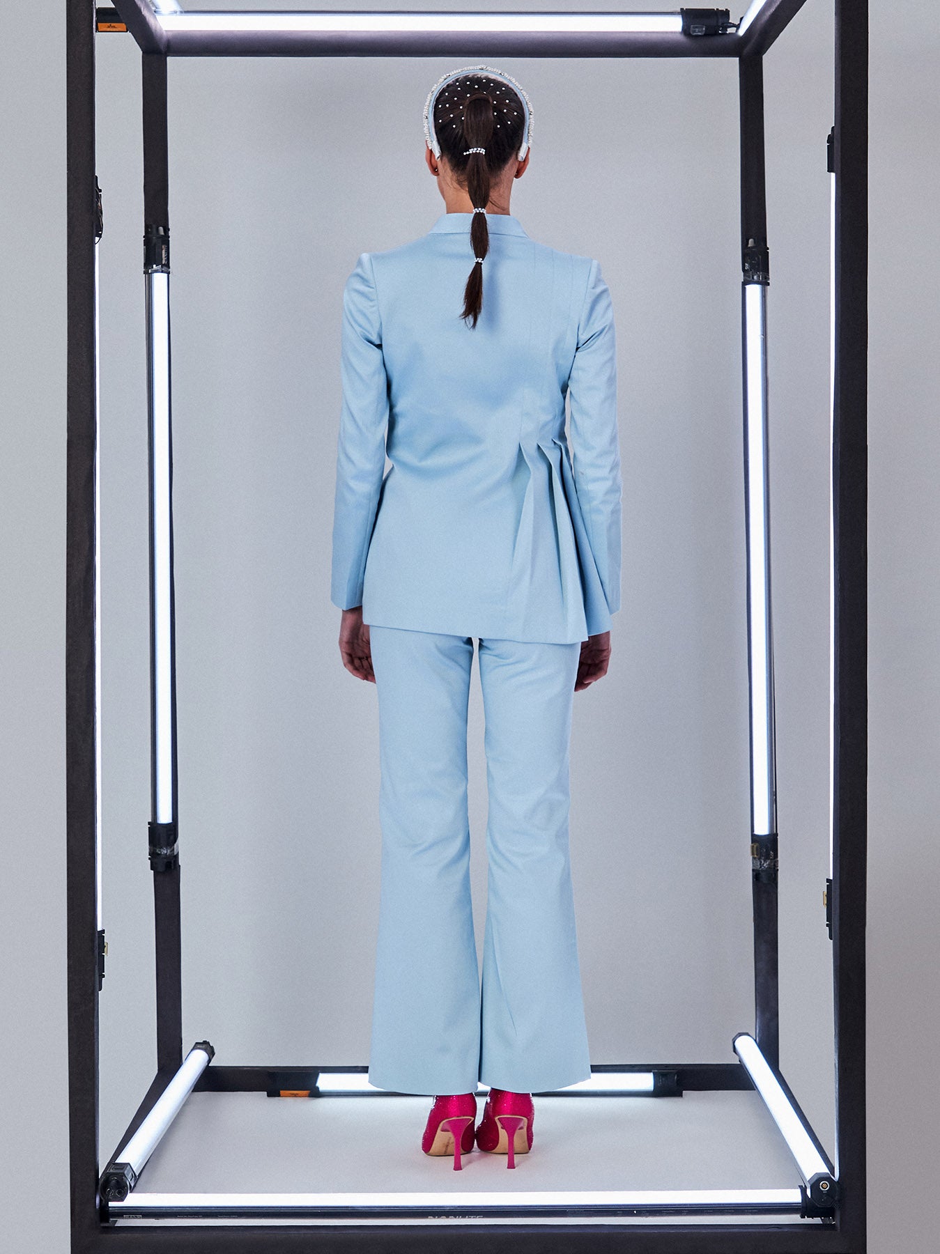 Blue pleated peplum blazer for women