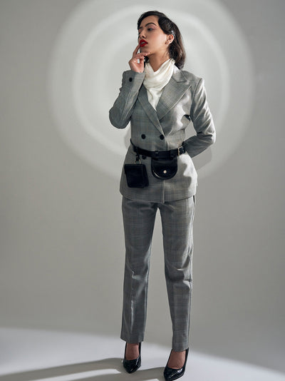 Grey checked double breasted blazer Pant Suit - PROTPant Suits