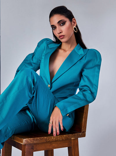 Aqua Blue Blazer with Pleated Sleeves Pant Suit - PROTPant Suits