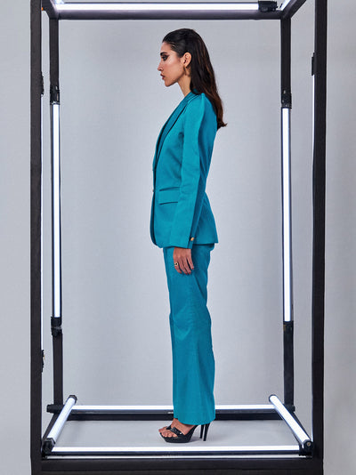 Aqua Blue Blazer with Pleated Sleeves Pant Suit - PROTPant Suits